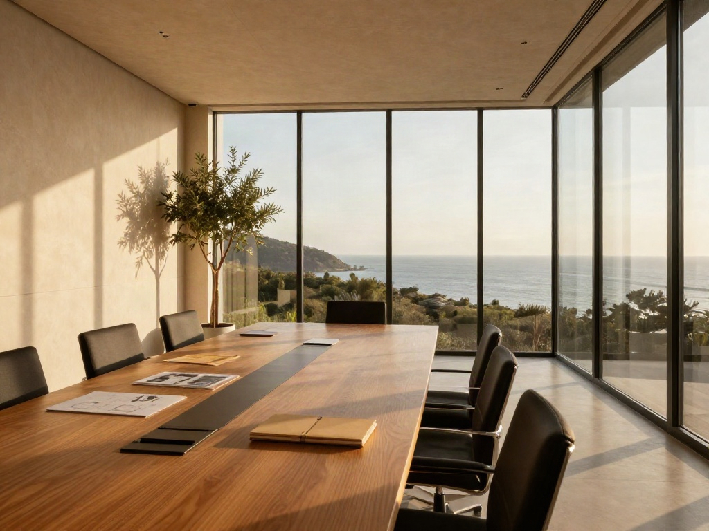 Sunlit contemporary boardroom with an oak conference table overlooking the Atlantic coast